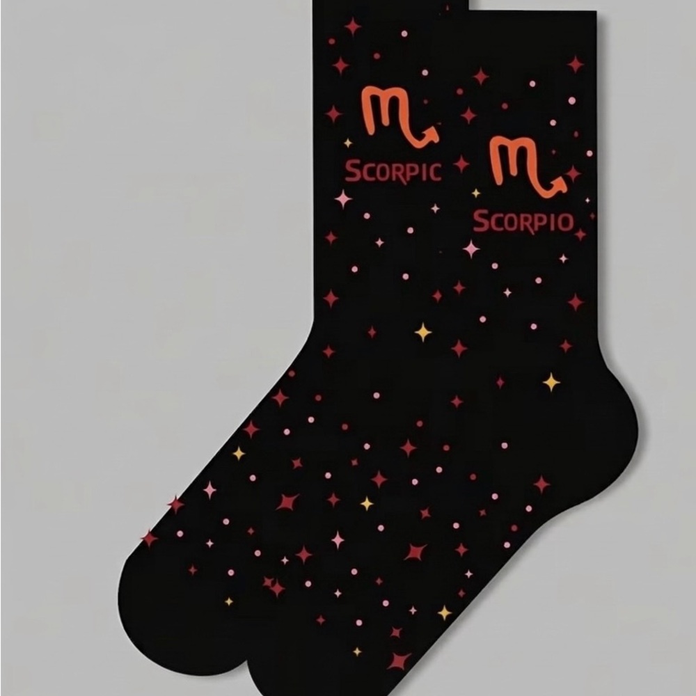 Scorpio Zodiac Crew Socks - Black with Red & Gold Stars